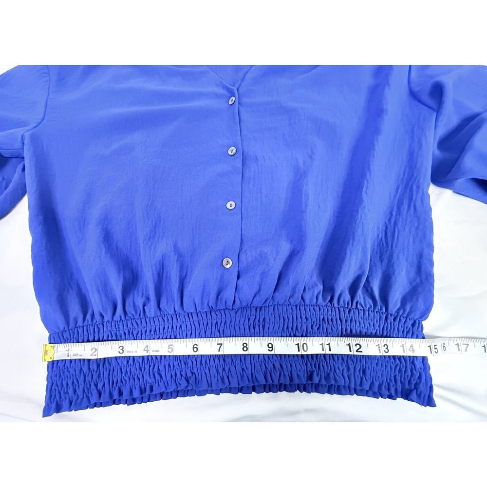 Oddi Cobalt Blue Smocked Hem Blouse M Balloon Sleeve Lightweight Boho Top - Picture 5 of 9